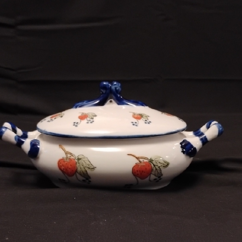 Vintage-Style Strawberry Ceramic Tureen with Lid | Blue Handle Detail | 9" Wide